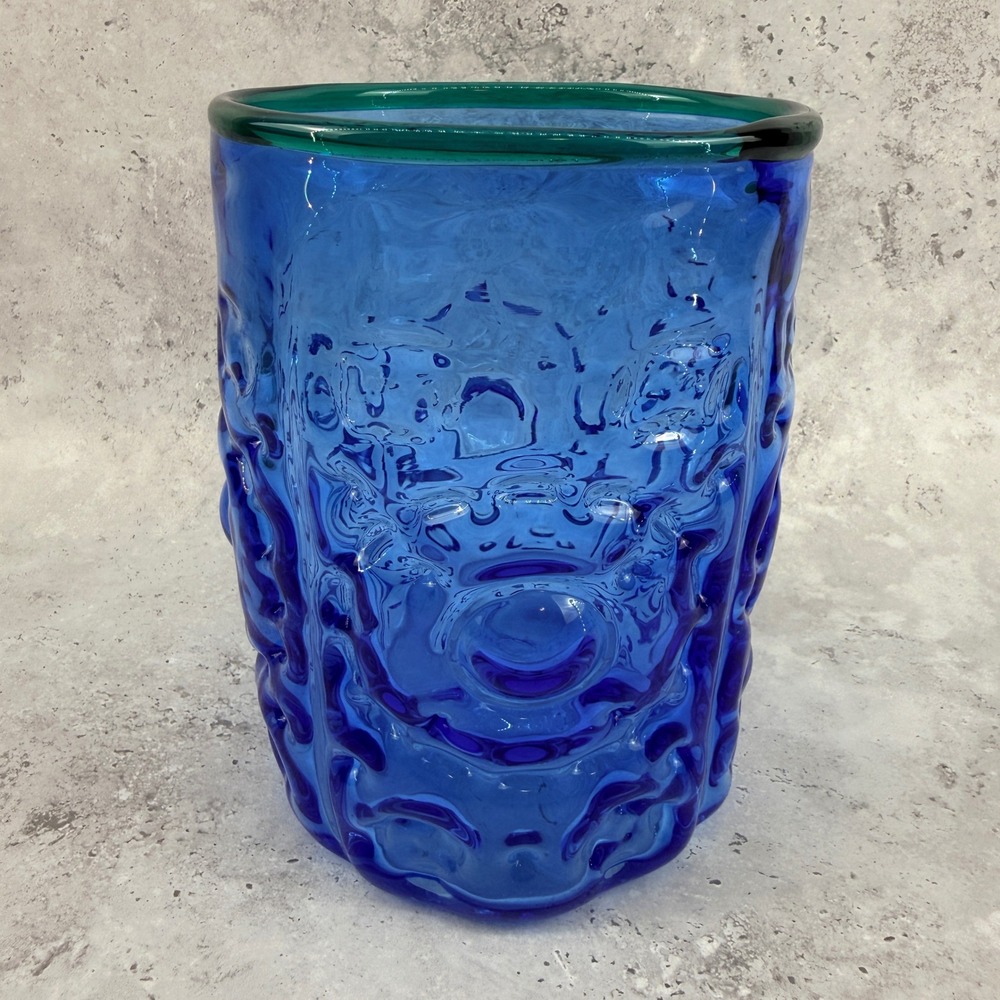 Blenko 9429 Hank Adams‎ Azure Blue Vase Emerald Green Rim Abstract Textured